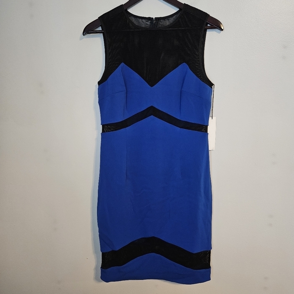 JAYGODFREY Blue Black Mini Dress Women's 10 Mesh Cutouts High Neck Cocktail